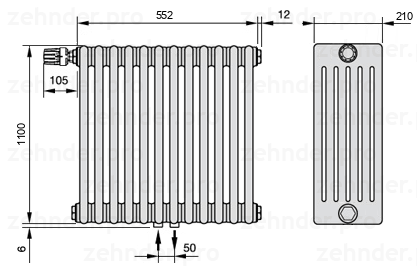 Схема (чертеж) Радиатор Zehnder Charleston 6110/12 №V007 Белый глянцевый RAL 9016